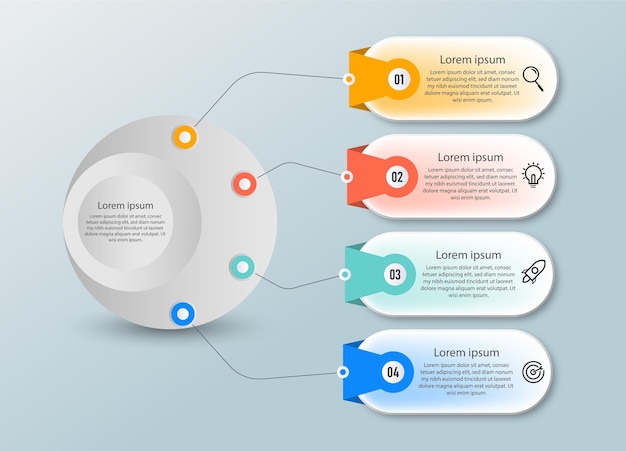 Plantilla de efecto de vidrio transparente de infografías creativas de negocios de presentación con 4 opciones