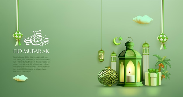 plantilla de Eid Mubarak con adornos islámicos realistas en 3D