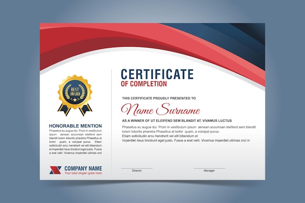 Plantilla elegante de certificado azul y rojo