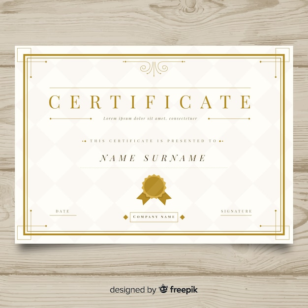 Plantilla elegante de certificado con diseño dorado