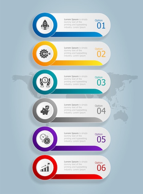 Plantilla de elemento de presentación de infografía vertical con fondo de ilustración de vector de opciones de icono de negocio 6