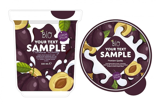 Vector plantilla de embalaje de yogur de ciruela.