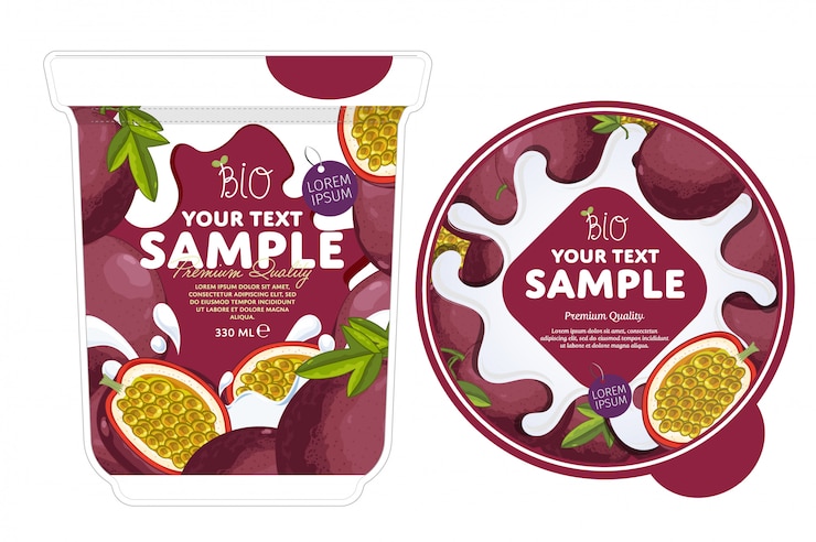Vector plantilla de embalaje de yogur de fruta de la pasión.