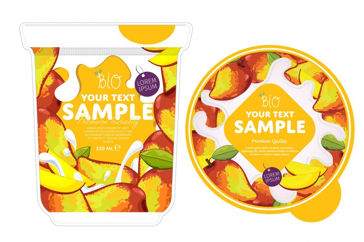 Vector plantilla de embalaje de yogur de mango.
