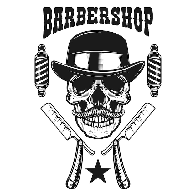 Vector plantilla de emblema de barbería cráneo con bigote en sombrero vintage y maquinilla de afeitar de peluquero elemento de diseño para cartel tarjeta emblema banner logo ilustración vectorial