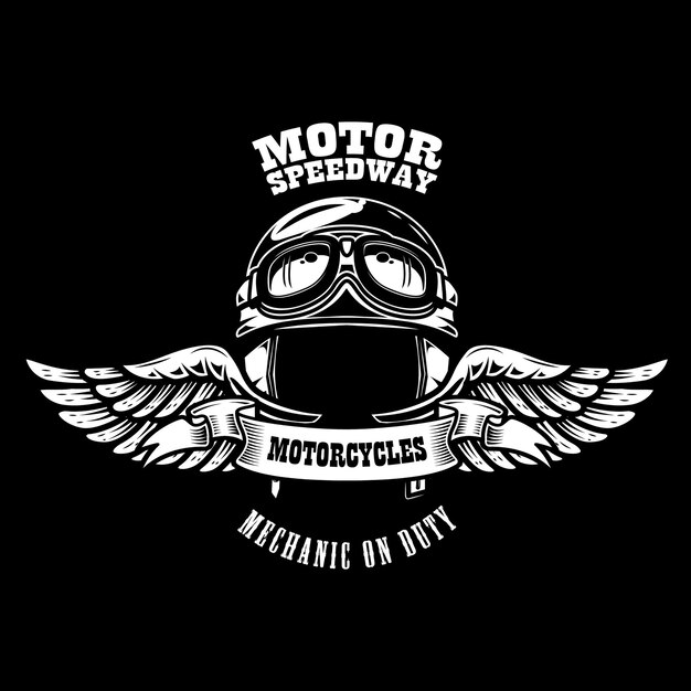 Plantilla de emblema con casco de piloto de motos alado. elemento de diseño de cartel, camiseta, letrero, insignia.