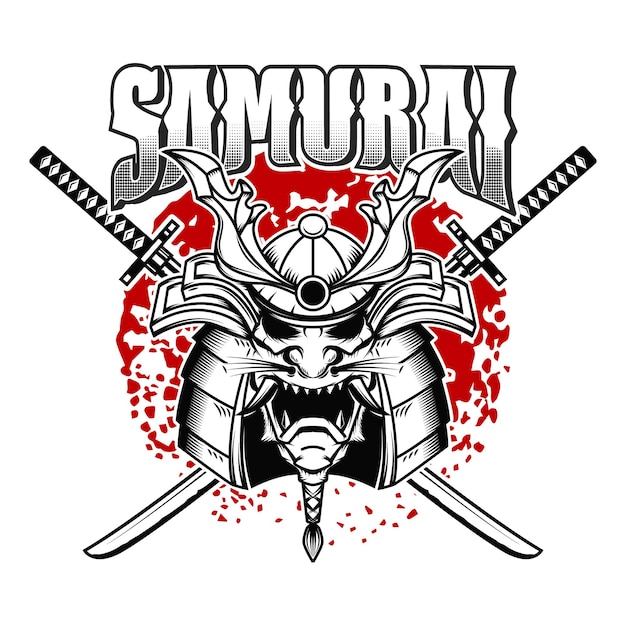 Plantilla de emblema con casco de samurai y katanas cruzadas.