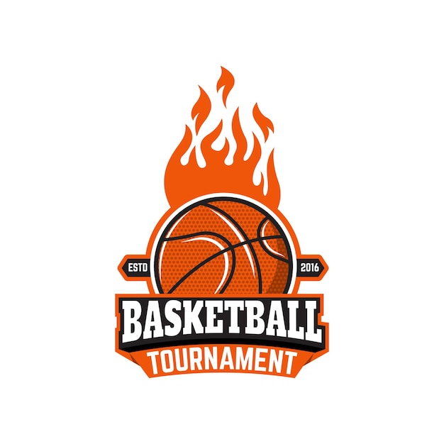 plantilla de emblema del torneo de baloncesto pelota de balonceto icono de baloncedo bola ardiente