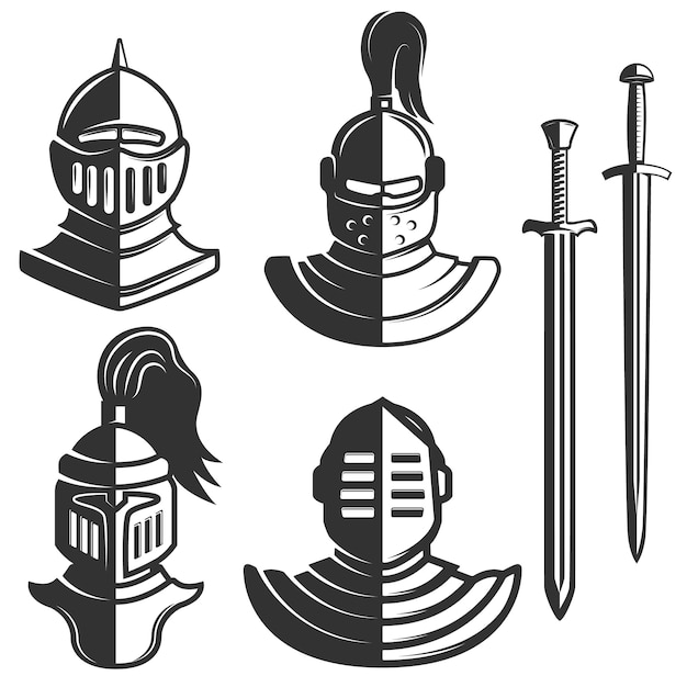Plantilla de emblemas de caballero con espadas sobre fondo blanco. Elemento para, etiqueta, emblema, signo, marca. ilustración.