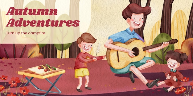Plantilla de encabezado de blog con concepto de picnic de campamento de otoño estilo acuarela