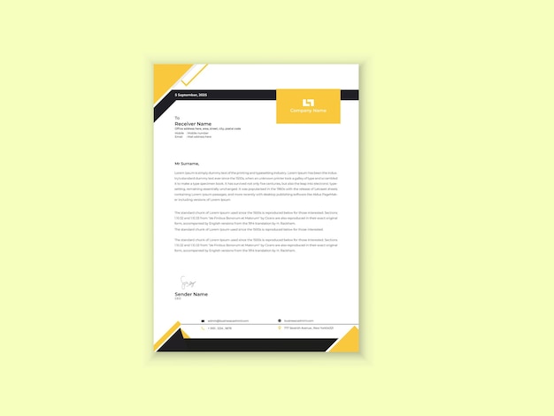 Vector plantilla de encabezado de carta de diseño de carta de oficina moderna amarilla