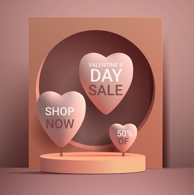 Plantilla de encabezado de venta de celebración navideña de cupón o cartel de feliz día de san valentín de corazones 3d