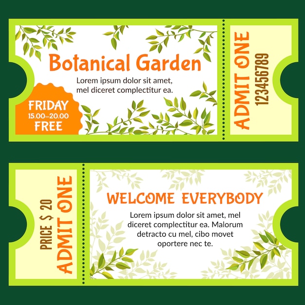 Vector plantilla de entradas de jardín botánico con plantas tropicales.