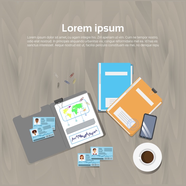 Plantilla de escritorio de oficina de concepto de lugar de trabajo Vista en ángulo superior Carpetas de documentos Banner con espacio de copia