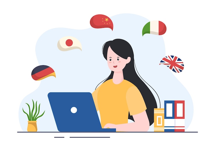 Vector plantilla de escuela de idiomas ilustración plana de dibujos animados dibujados a mano de estudio de idiomas extranjeros en el extranjero