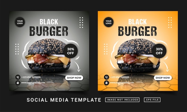 Plantilla especial de banner de redes sociales de promoción de menú de hamburguesa negra