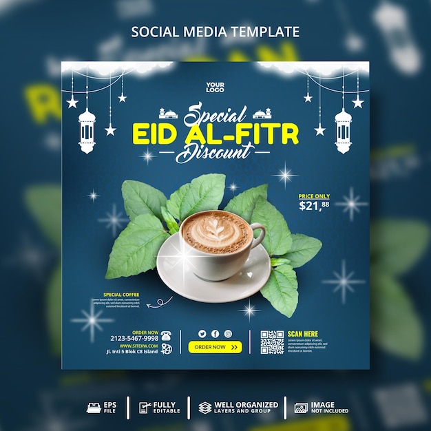 Plantilla especial de publicación en redes sociales de café caliente eid alfitr