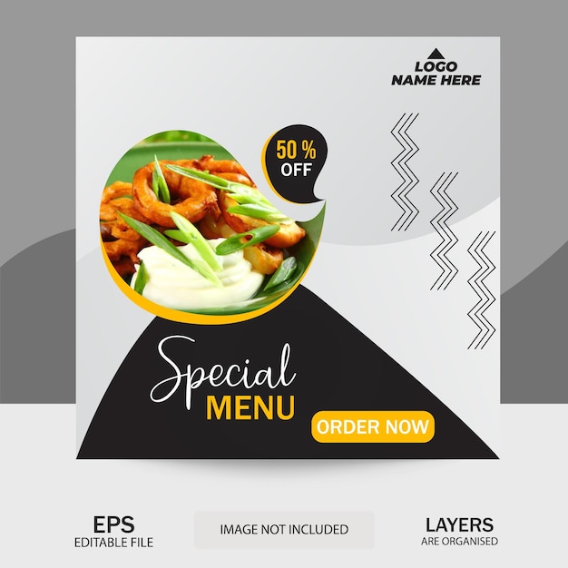 Plantilla especial de publicación en redes sociales de venta de comida deliciosa. Ilustración vectorial de promoción de alimentos.