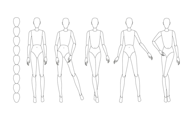 Plantilla de esquema de moda para bocetos técnicos de moda Modelos en diferentes poses vectoriales