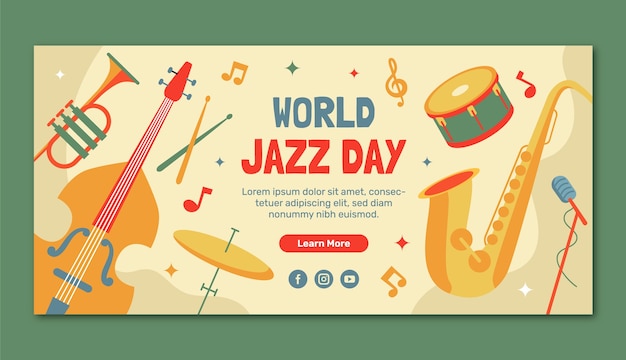 plantilla de estandarte horizontal del día del jazz en el mundo plano