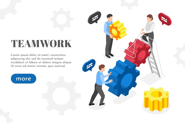 Plantilla de estandarte de negocio horizontal de trabajo en equipo isométrico con personas que trabajan juntas