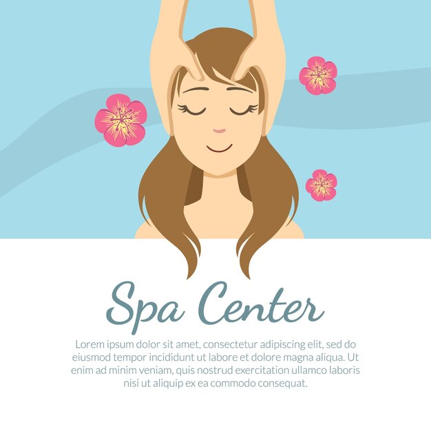 Vector plantilla de estandarte de spa central con espacio para texto mujer joven recibiendo masaje facial tratamientos faciales ilustración vectorial