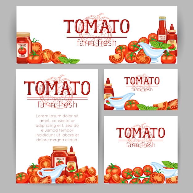 Plantilla de estilo corporativo con tomates rojos y tomate en una rama y rodajas con salsa. hortalizas para el mercado de diseño y productos agrícolas.