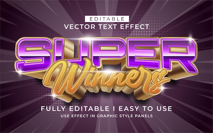 Vector plantilla de estilo de tipografía de efecto de texto super ganador editable en 3d