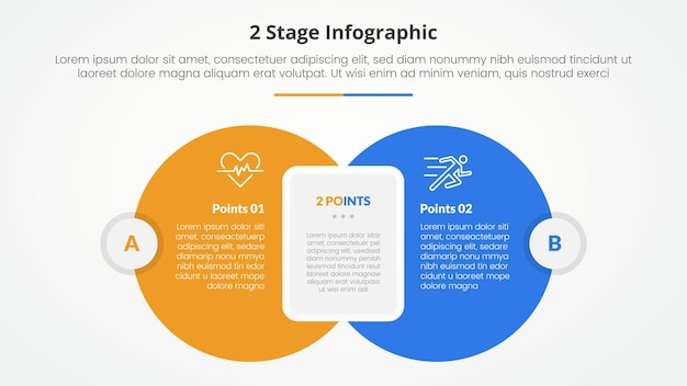 plantilla de etapa de 2 puntos para la comparación opuesto concepto infográfico para la presentación de diapositivas con círculo grande con caja rectángulo redondo con estilo plano
