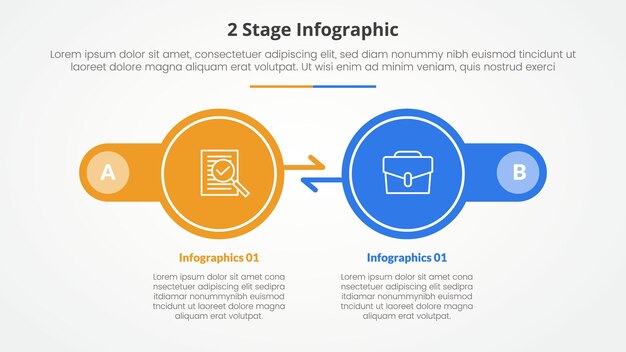 Vector plantilla de etapa de 2 puntos para la comparación opuesto concepto infográfico para la presentación de diapositivas con flecha de círculo grande dirección opuesta con estilo plano