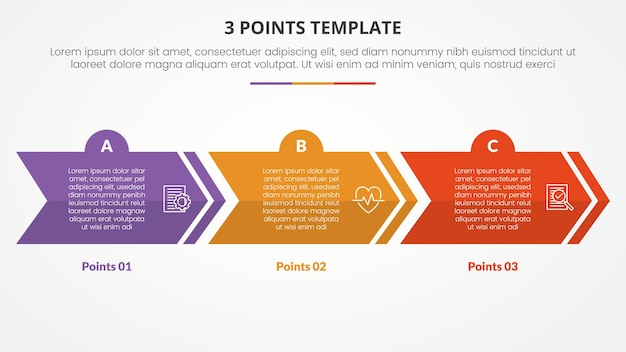 Plantilla de etapa de 3 puntos concepto infográfico para presentación de diapositivas con forma de bloque horizontal de flecha creativa con lista de 3 puntos con estilo plano