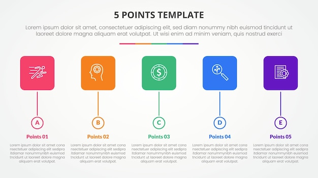 plantilla de etapa de 5 puntos concepto infográfico para presentación de diapositivas con caja cuadrada redonda y estilo de línea de tiempo de círculo con lista de 5 puntos con vector de estilo plano
