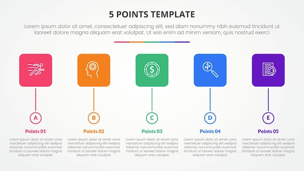 Vector plantilla de etapa de 5 puntos concepto infográfico para presentación de diapositivas con caja cuadrada redonda y estilo de línea de tiempo de círculo con lista de 5 puntos con vector de estilo plano