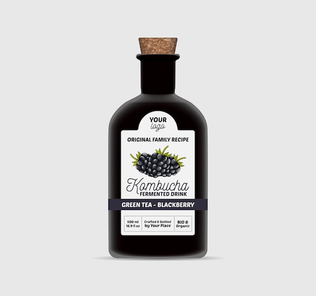Plantilla etiqueta blackberry kombucha envasado botella té aislado