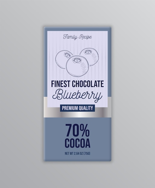 Vector plantilla de etiqueta de empaque de chocolate con arándanos