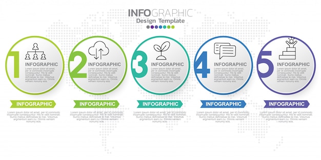 Plantilla de etiqueta de infografía con iconos y cinco opciones o pasos.