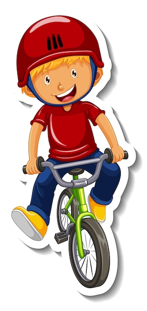 Vector plantilla de etiqueta con un niño monta un personaje de dibujos animados en bicicleta aislado