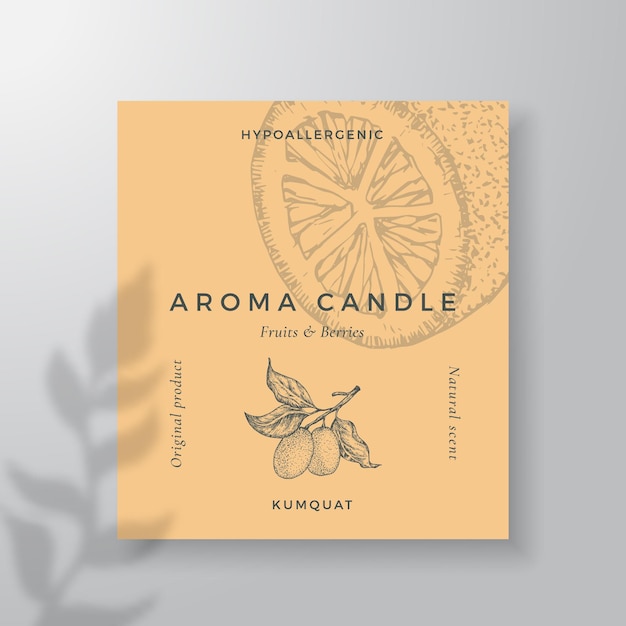 Plantilla de etiqueta de vector de vela aromática Aroma de kumquat de proveedores locales diseño de anuncios Estilo de tinta boceto diseño de fondo decoración Olor natural producto paquete espacio de texto