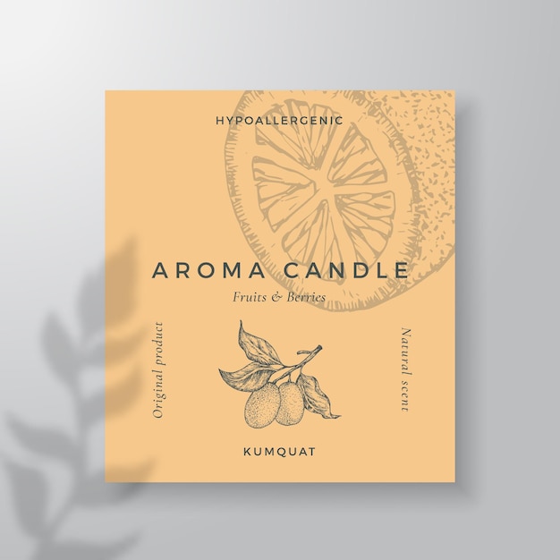 Plantilla de etiqueta de vector de vela aromática aroma de kumquat de proveedores locales diseño de anuncios estilo de tinta boceto diseño de fondo decoración olor natural producto paquete espacio de texto