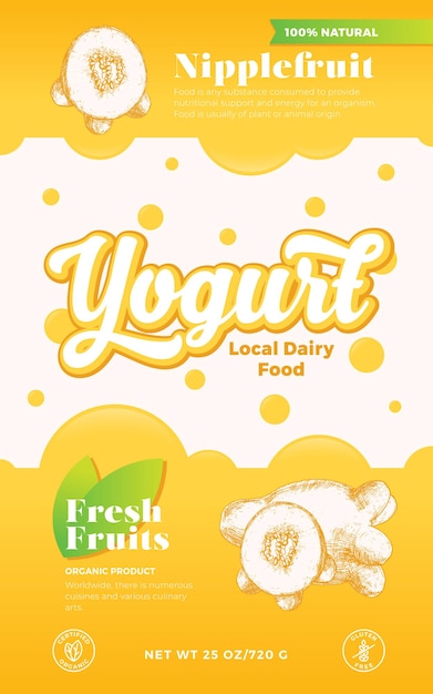 Plantilla de etiqueta de yogur de frutas y bayas diseño de diseño de empaque de lácteos de vectores abstractos banner de tipografía moderna con burbujas y pezón dibujado a mano fondo de silueta de bosquejo de frutas aislado