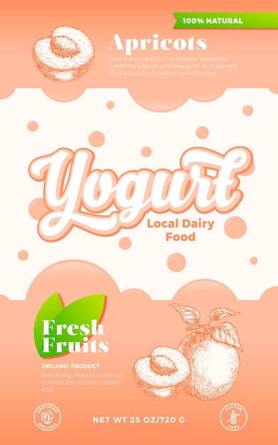 Plantilla de etiqueta de yogur de frutas y bayas. diseño de envases lácteos vectoriales abstractos. banner de tipografía moderna con burbujas y albaricoque dibujado a mano con fondo de silueta de boceto de rebanada. aislado.