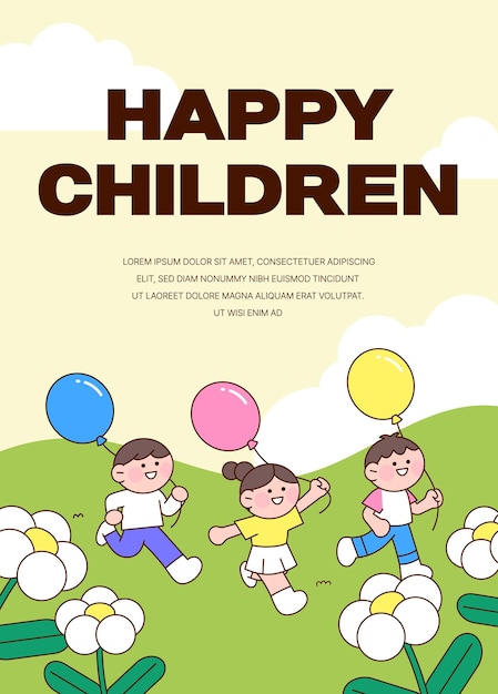 plantilla de evento con niños lindos corriendo en el parque con globos