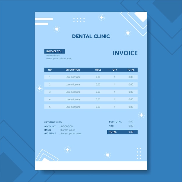 Vector plantilla de factura de clínica dental ilustración plana de dibujos animados dibujados a mano