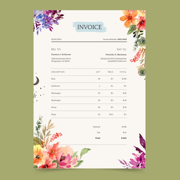 Plantilla de factura de concepto de floristería