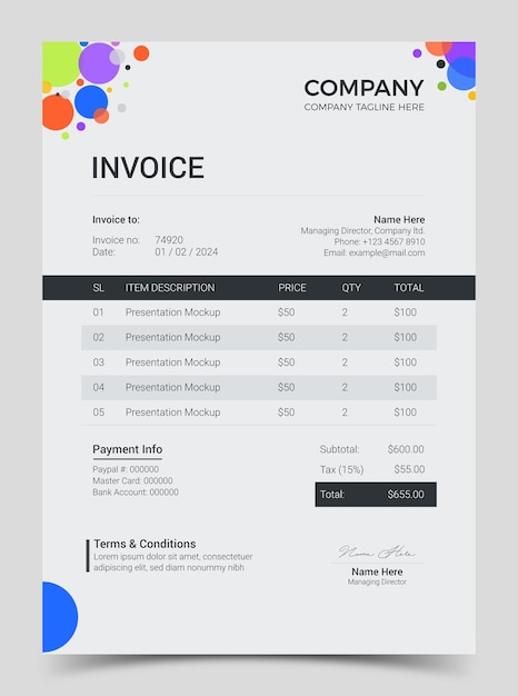Plantilla de factura creativa corporativa de negocios factura de negocios para su negocio factura lista para imprimir