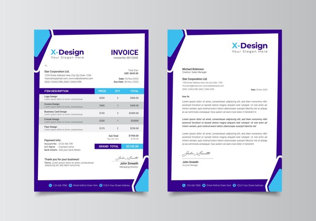 Plantilla de factura y membrete corporativo O Juego de papelería de la empresa