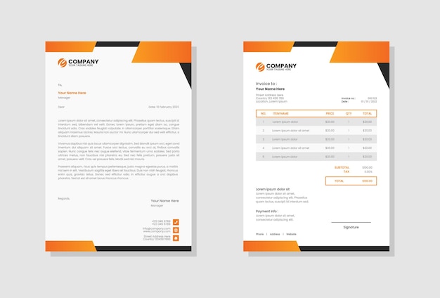 Plantilla de factura y membrete de papelería comercial naranja