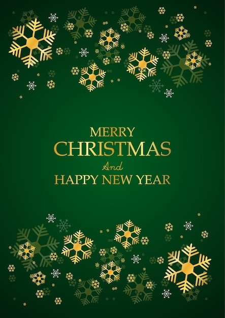 Plantilla de felicitación de Navidad y Año Nuevo con brillo de nieve dorado en un fondo verde oscuro