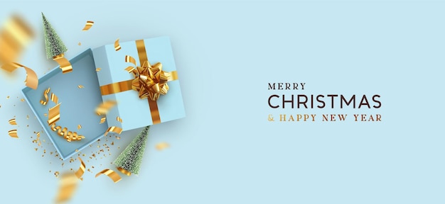 Plantilla de feliz navidad y feliz año nuevo con caja de regalo abierta. Diseño de Navidad Objetos decorativos realistas. Banner de venta, cartel sorpresa, volante y folleto. maqueta de vacaciones. plano vectorial, vista superior