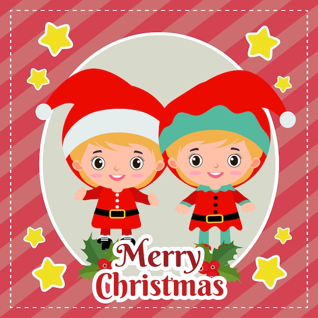 Plantilla feliz tarjeta de Navidad con niños santa y elf